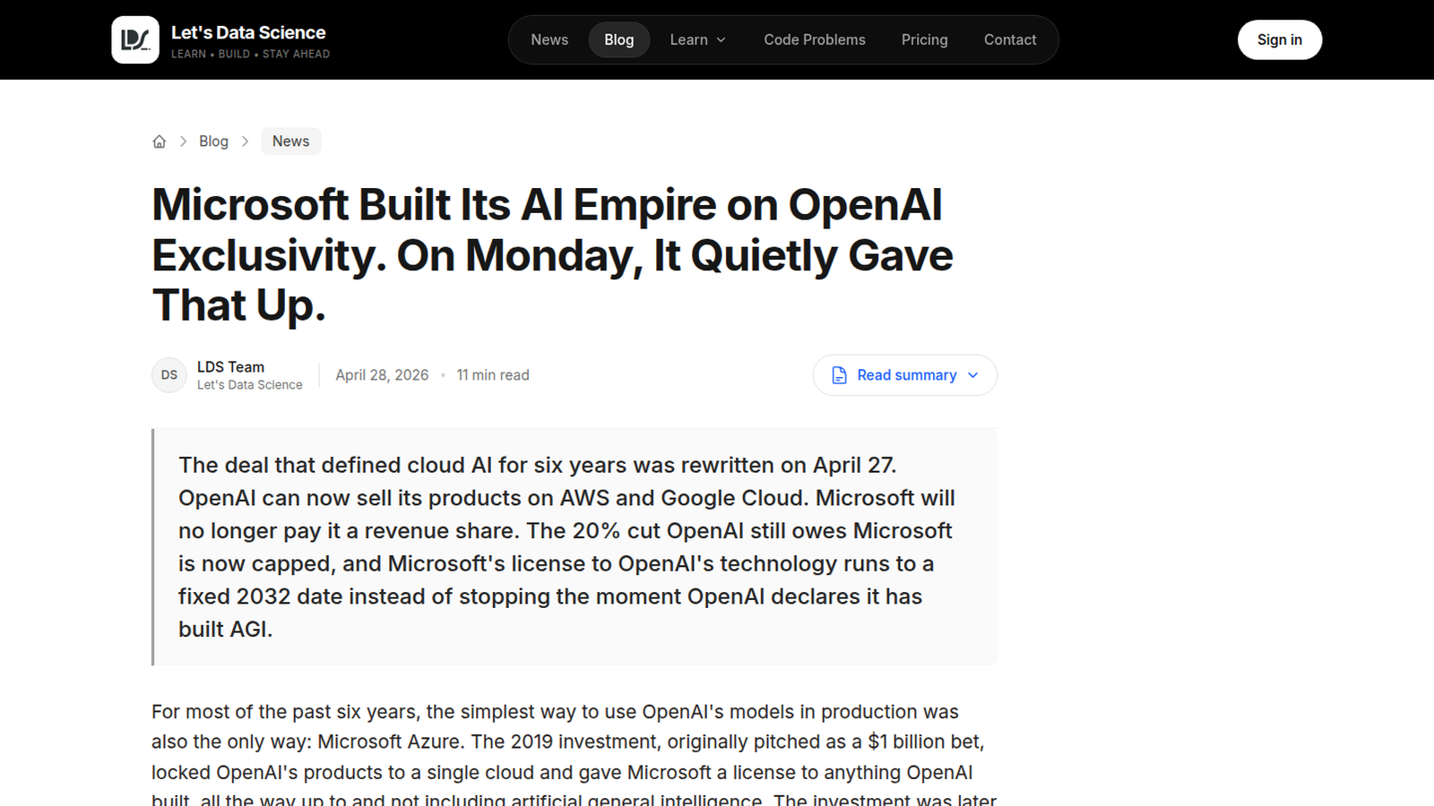 微软与 OpenAI 协议调整新闻页面截图