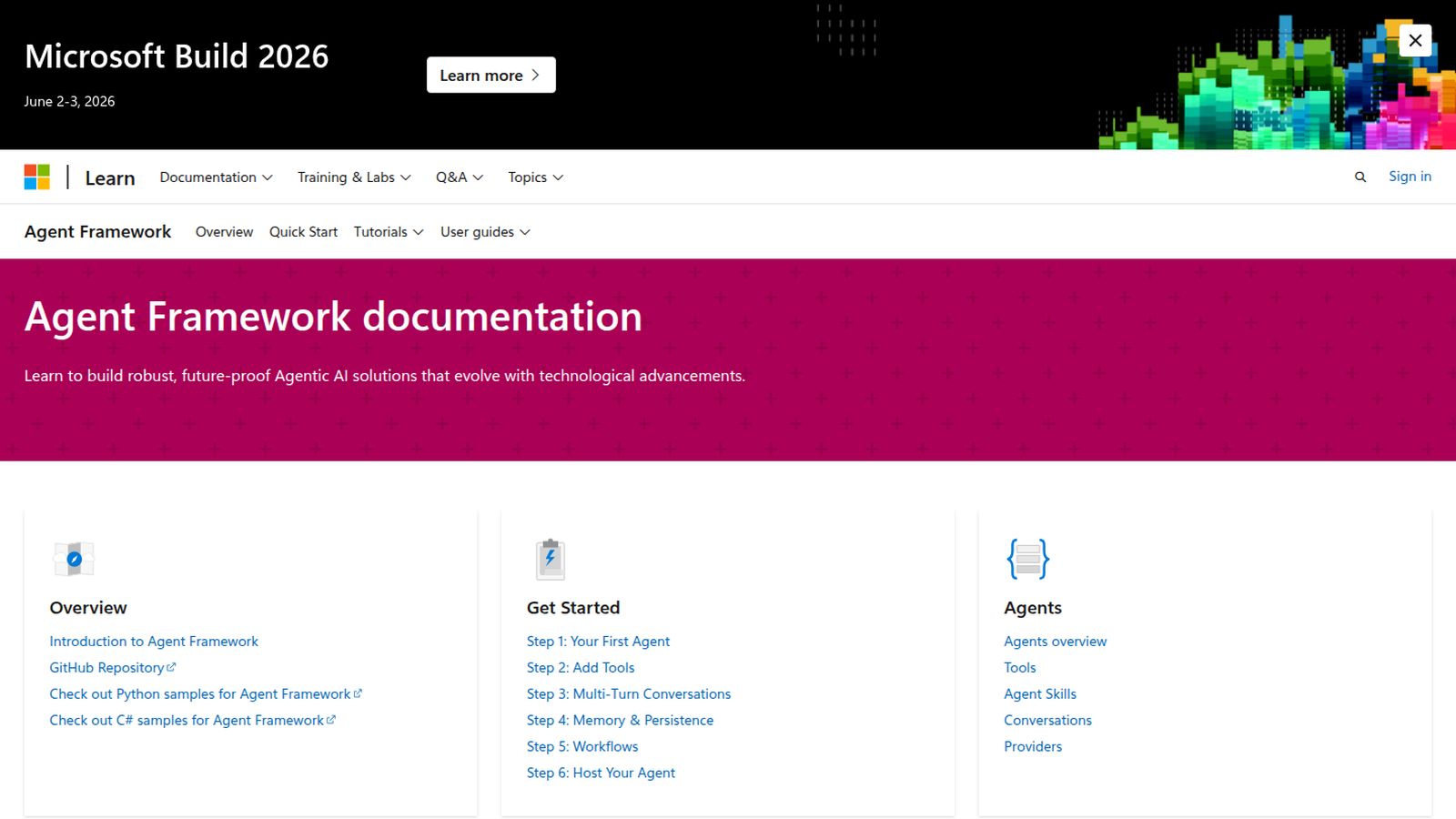 Microsoft Agent Framework 官方文档截图
