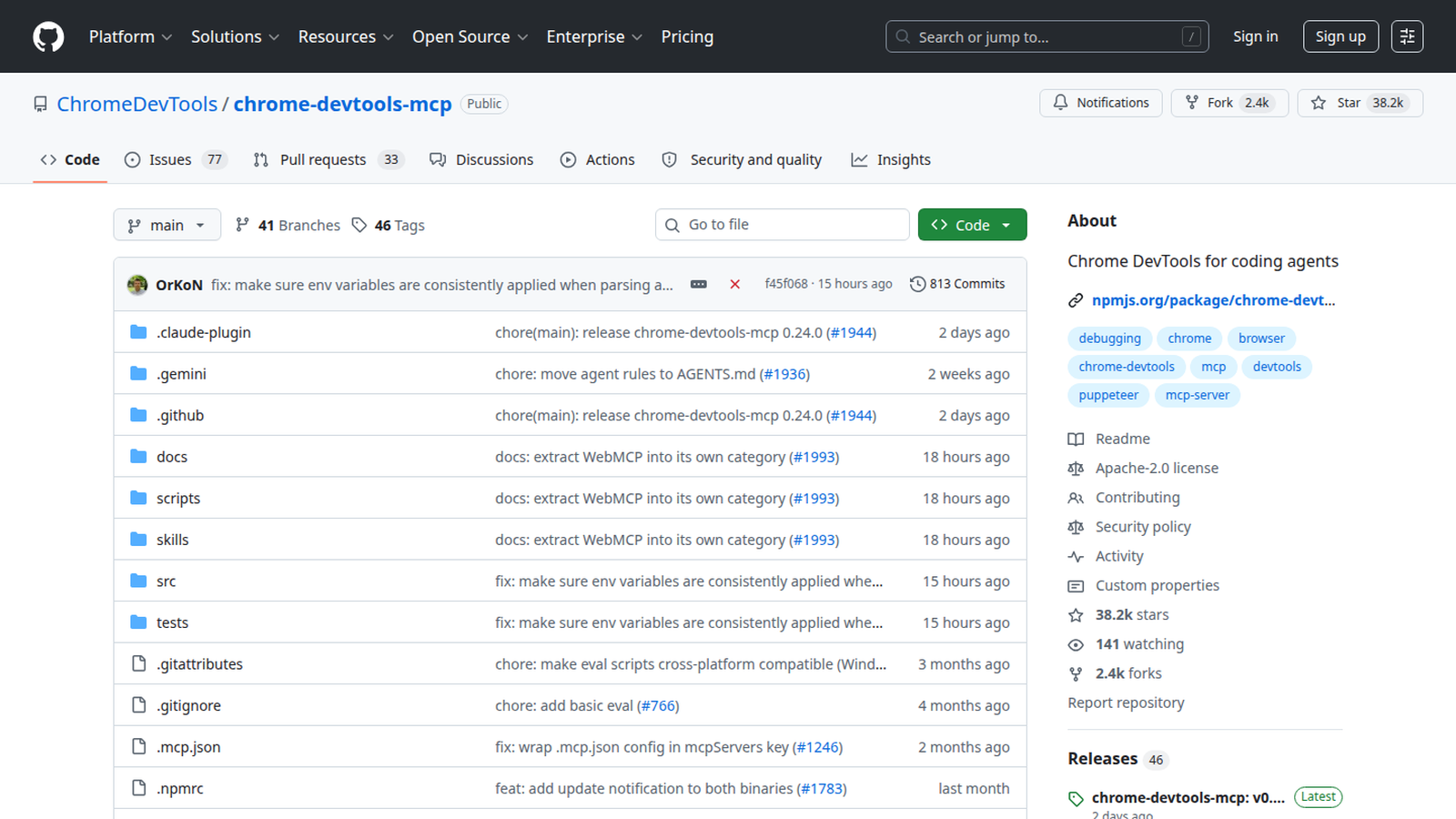 Chrome DevTools MCP GitHub 仓库截图
