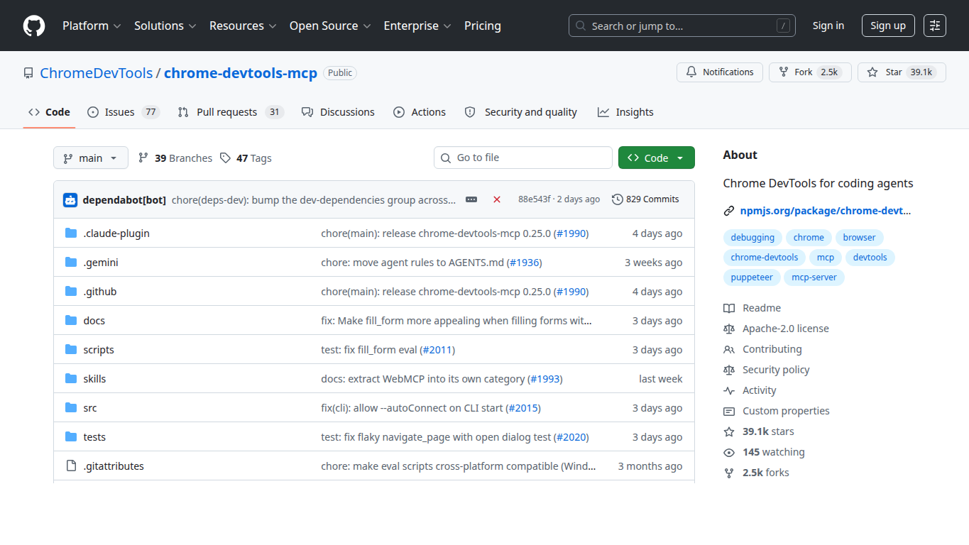 Chrome DevTools MCP GitHub 仓库截图
