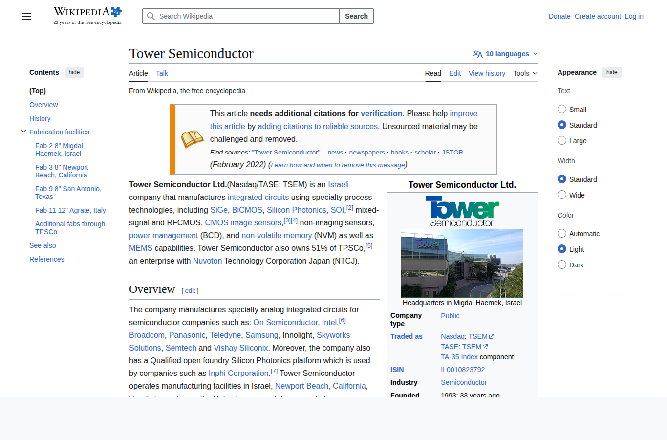 Tower Semiconductor 资料页截图