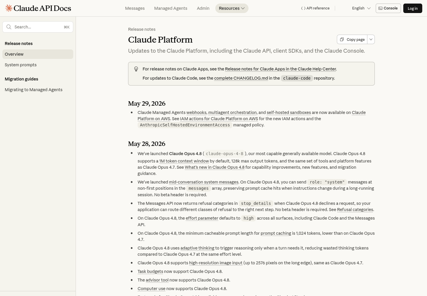 Claude Platform release notes