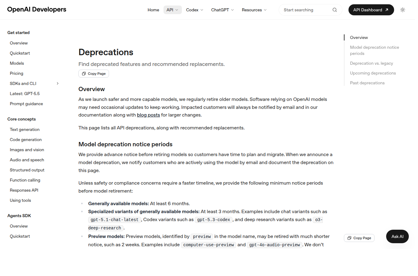 OpenAI API deprecations 文档