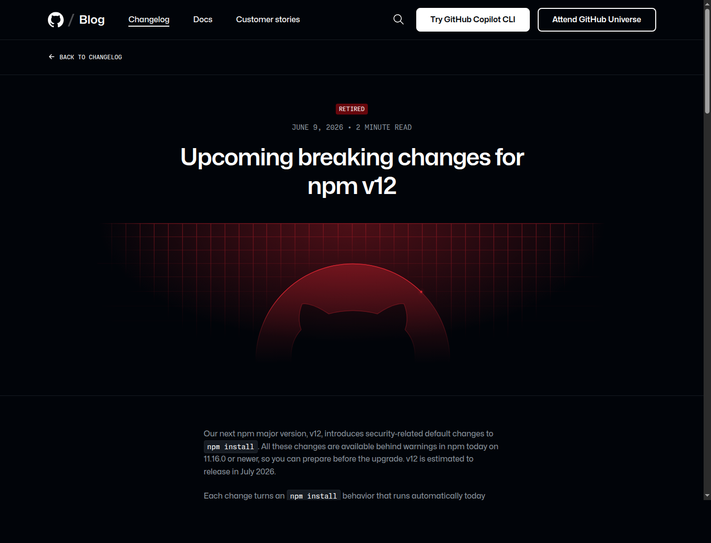 npm v12 breaking changes 公告
