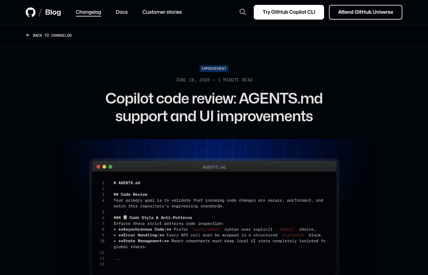 Copilot code review 支持 AGENTS.md 公告截图