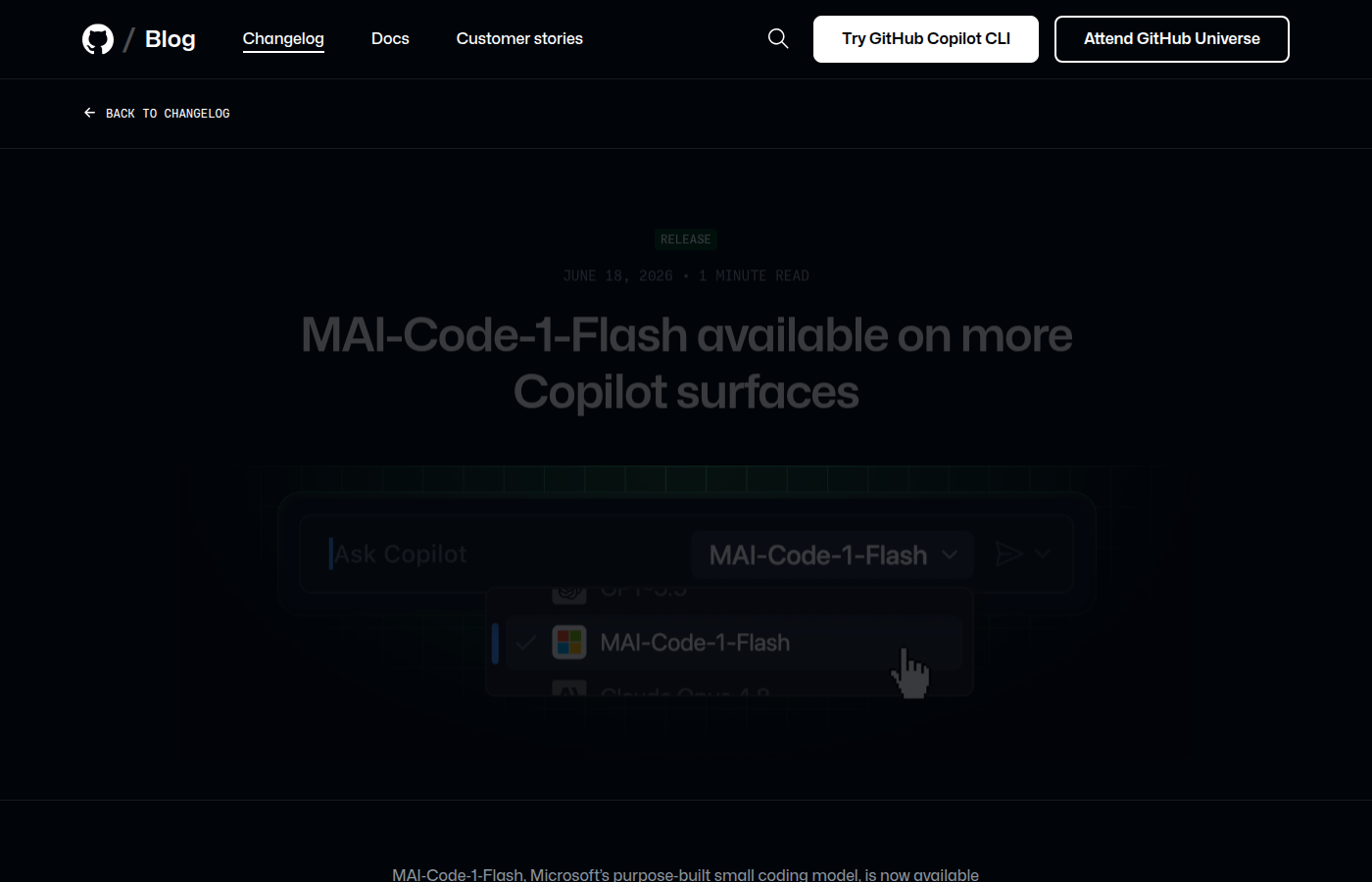 MAI-Code-1-Flash 可用范围公告截图