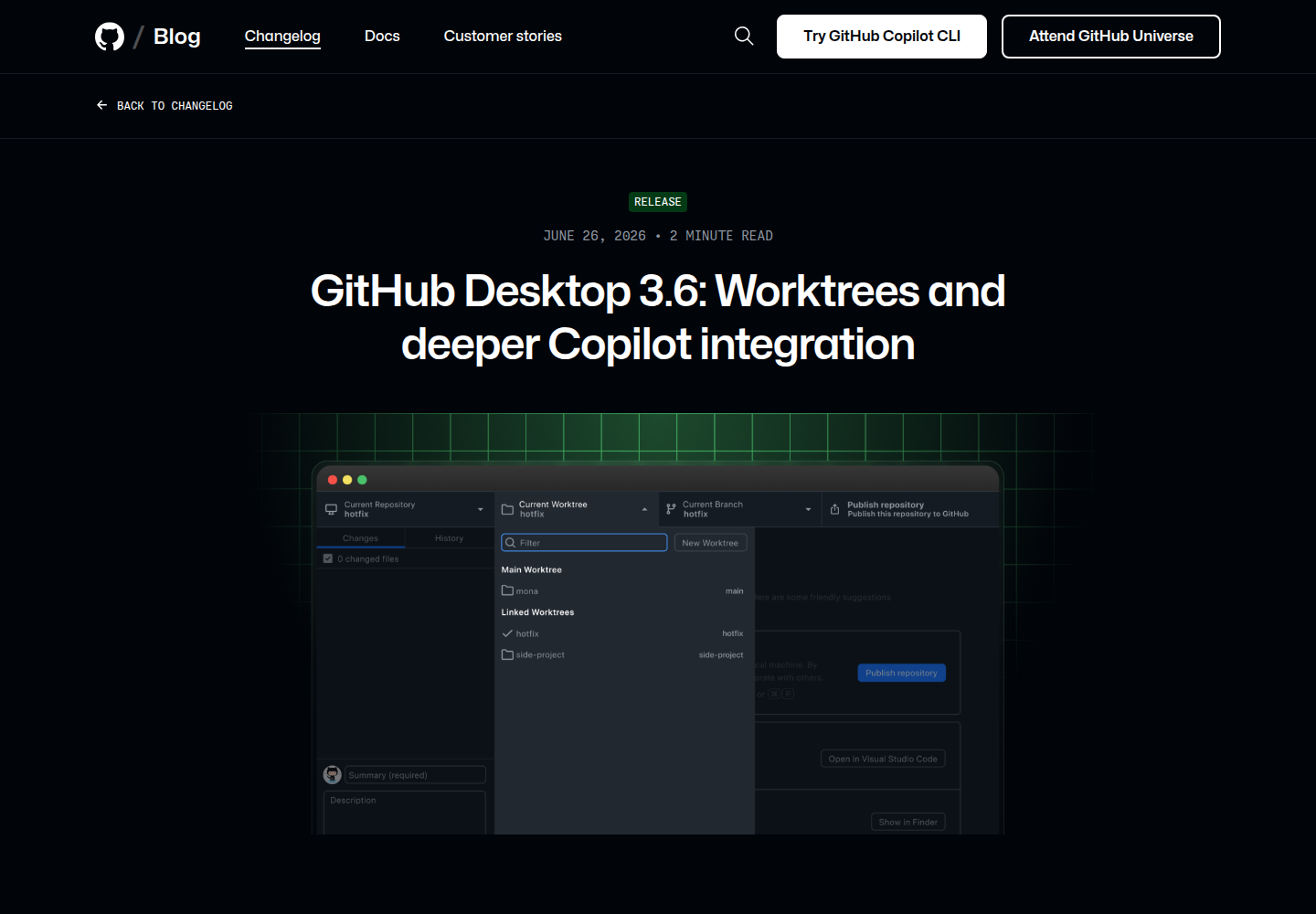 GitHub Desktop 3.6 的 worktrees 与 Copilot 集成