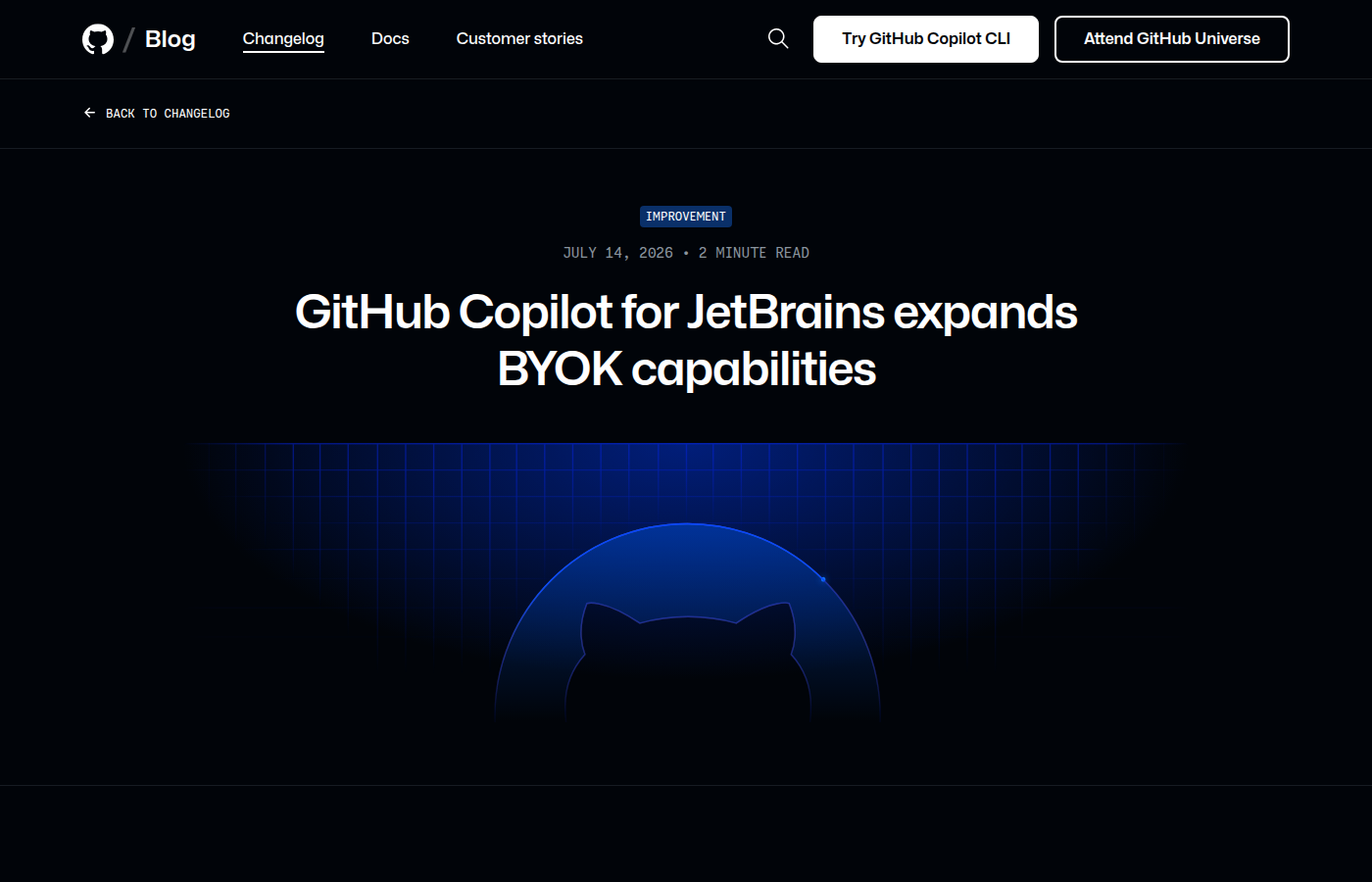 GitHub Copilot for JetBrains BYOK 更新页