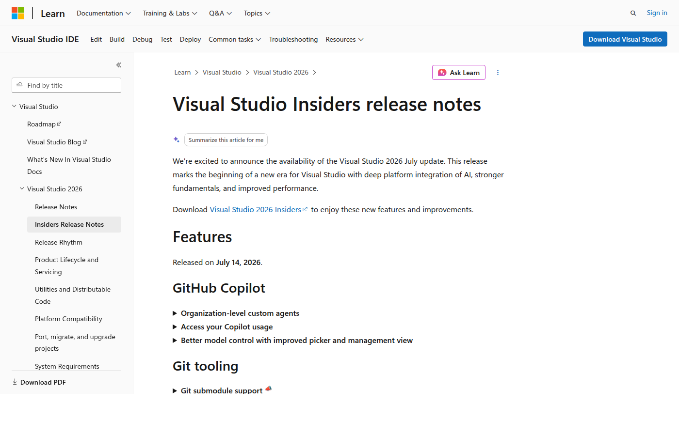 Visual Studio Insiders 七月更新页