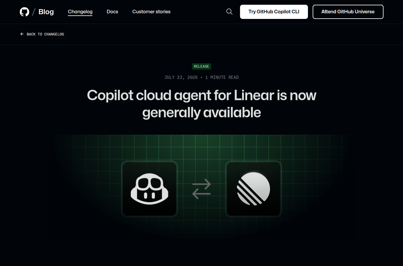 Copilot cloud agent for Linear 发布页