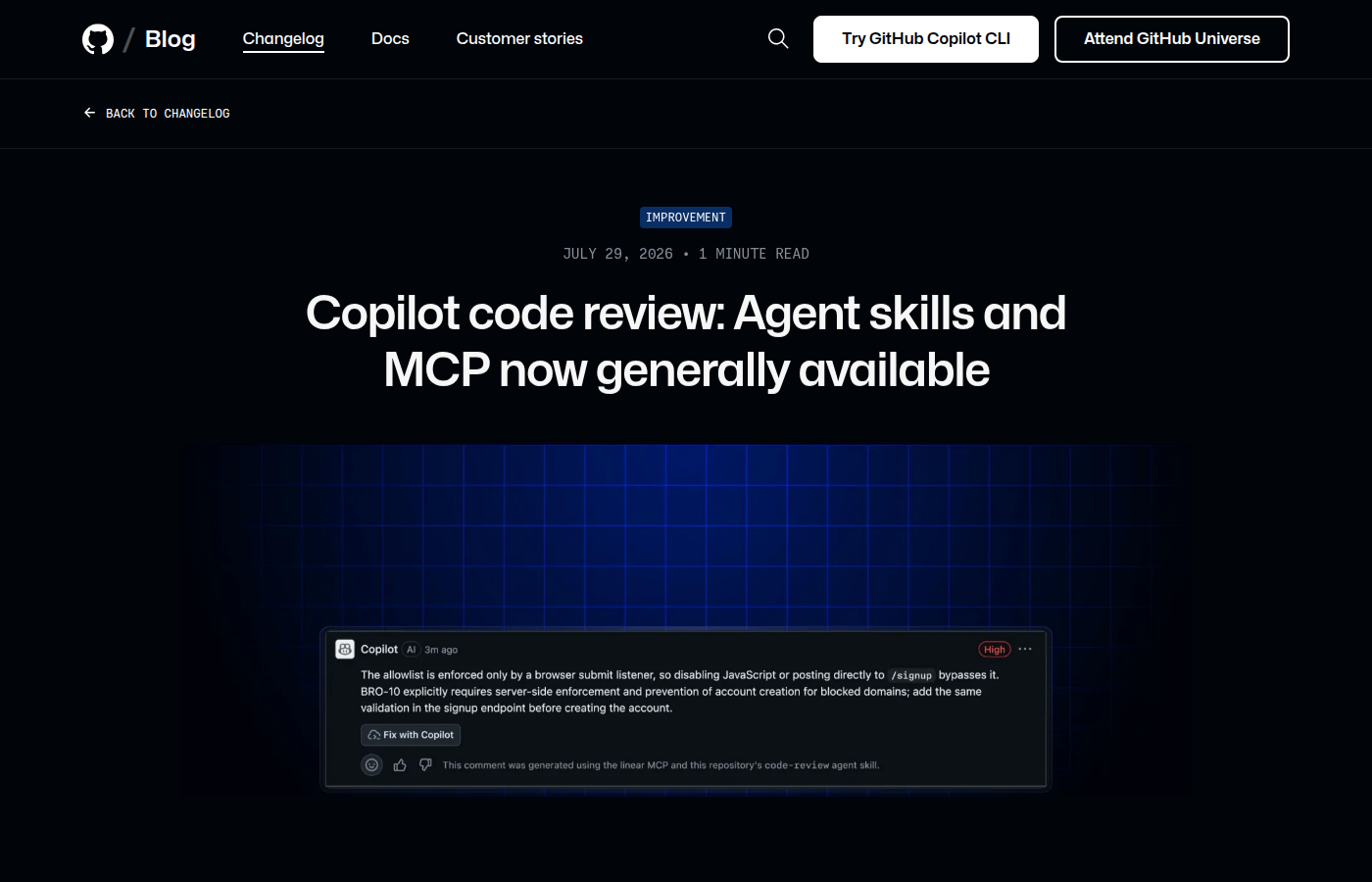 Copilot code review agent skills and MCP 发布页