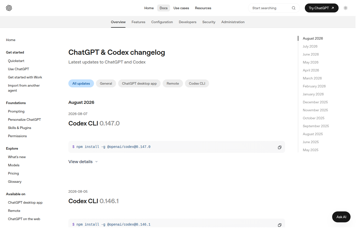 Codex changelog 页面显示 Codex CLI 0.147.0
