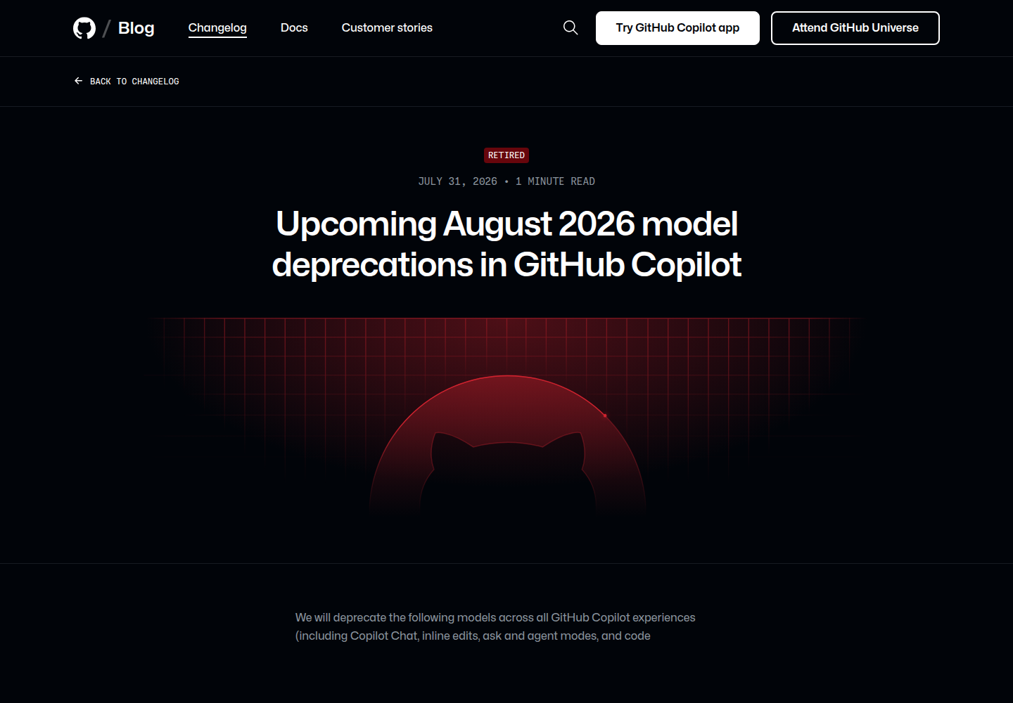 GitHub Copilot 模型退役公告页