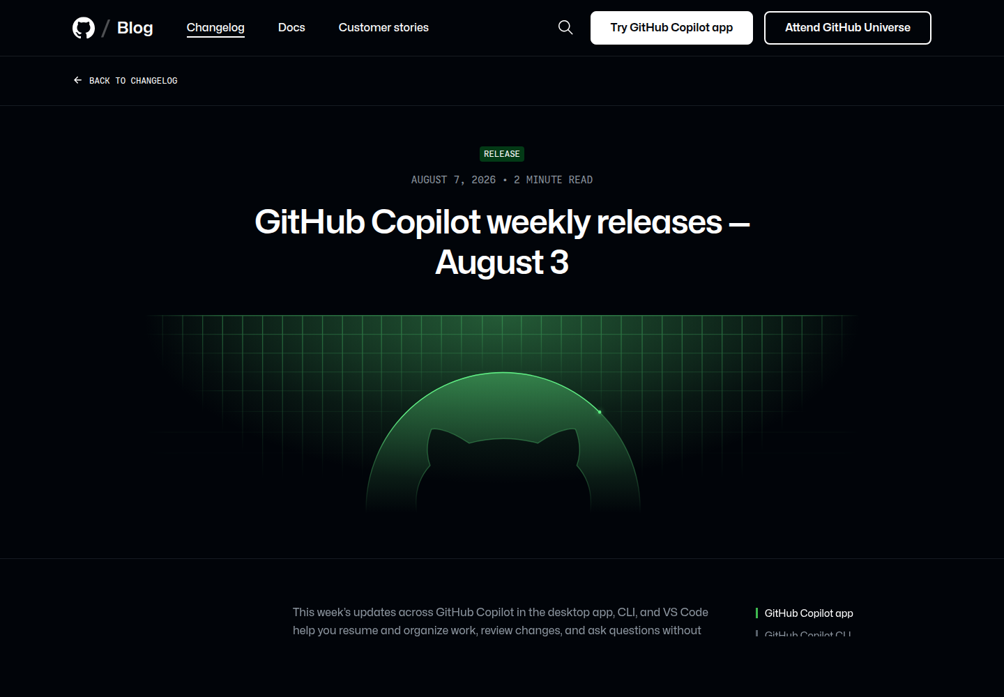 GitHub Copilot weekly releases 发布页