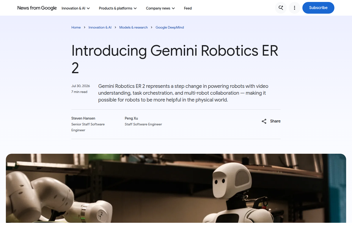 Gemini Robotics ER 2 发布页中的机器人实物图