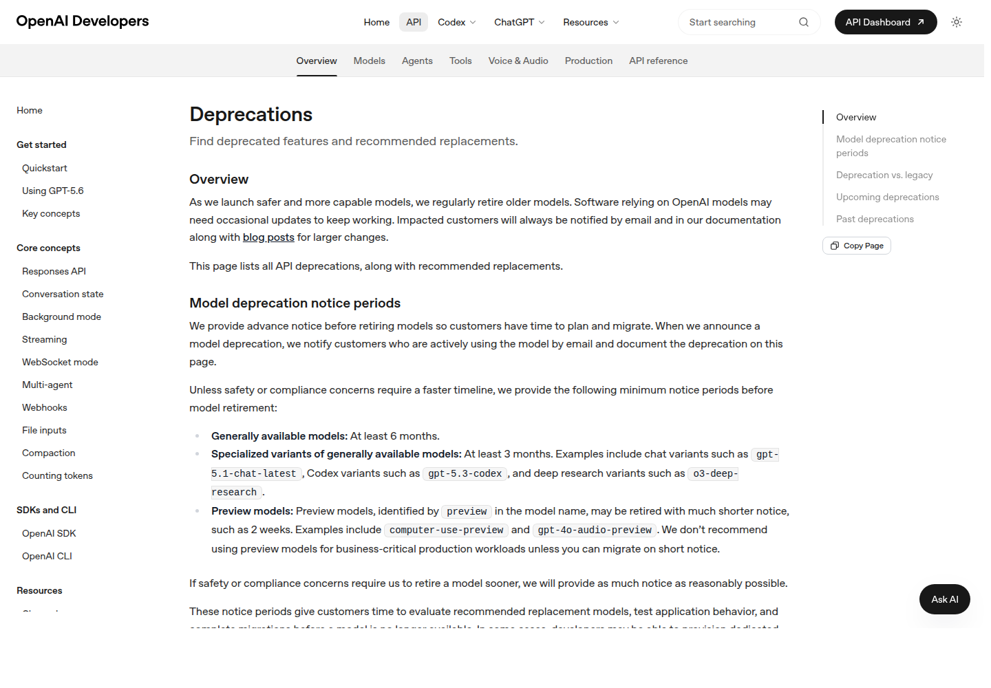 OpenAI Developers deprecations 文档页