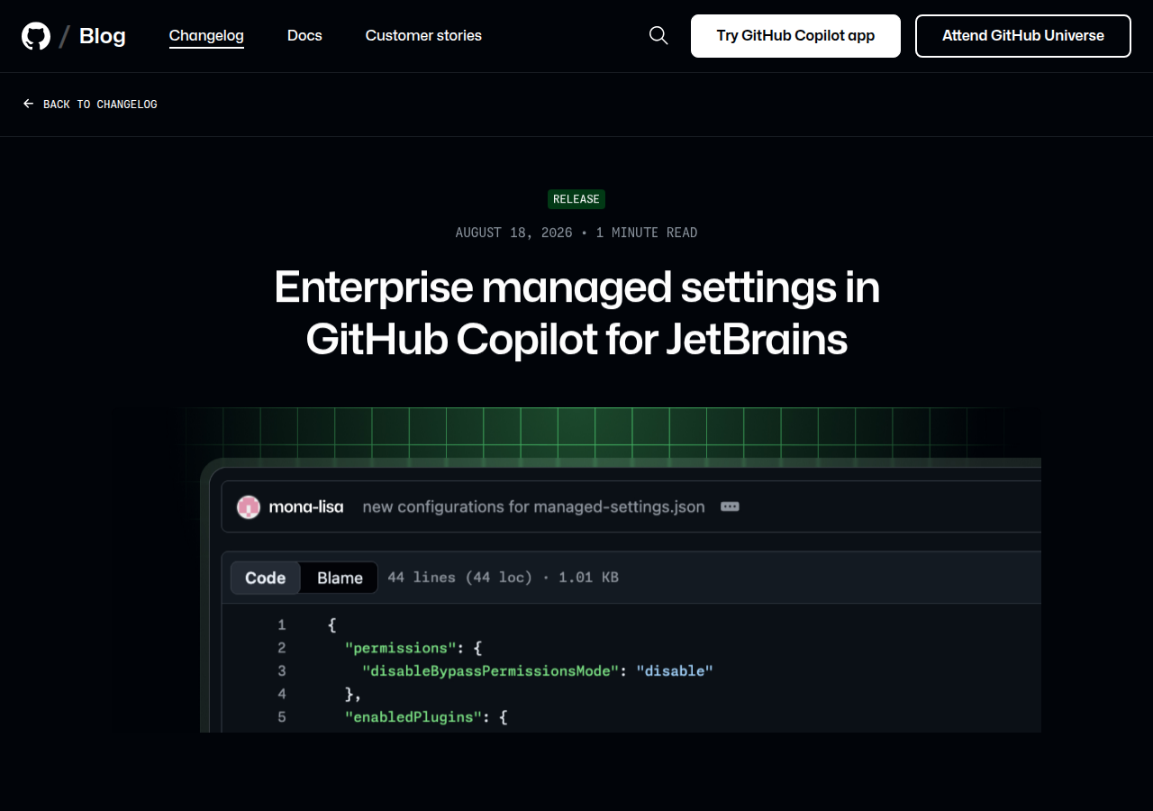GitHub Copilot JetBrains 托管设置发布页