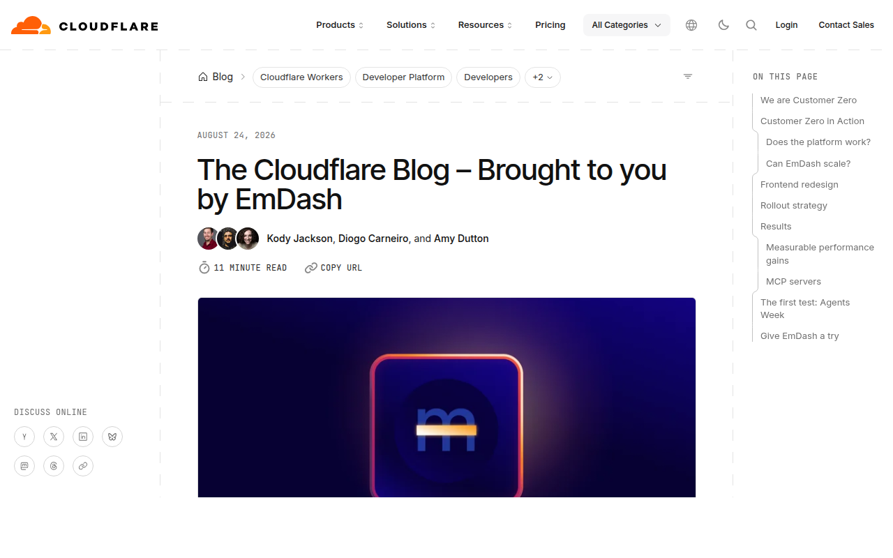 Cloudflare Blog 迁移到 EmDash 的官方文章页面截图