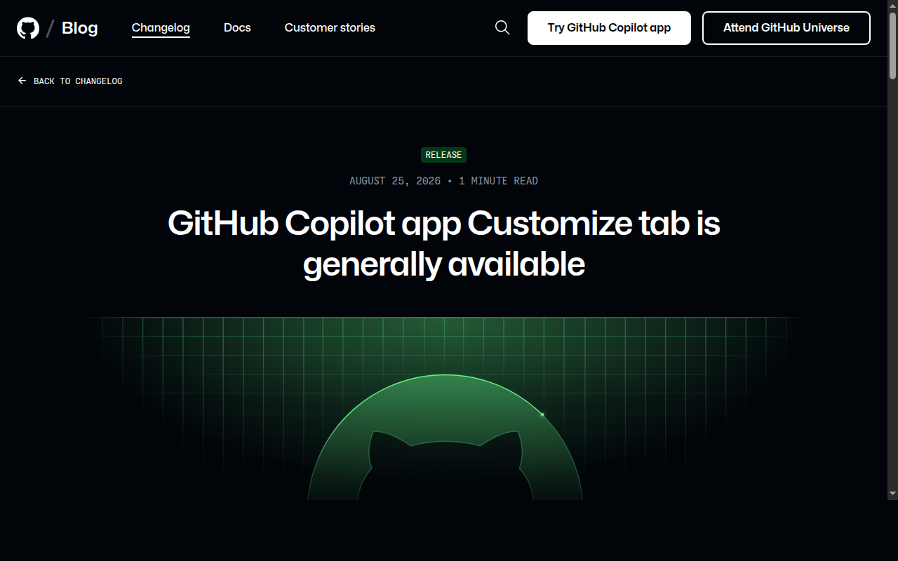 GitHub Copilot app Customize tab 官方发布页截图