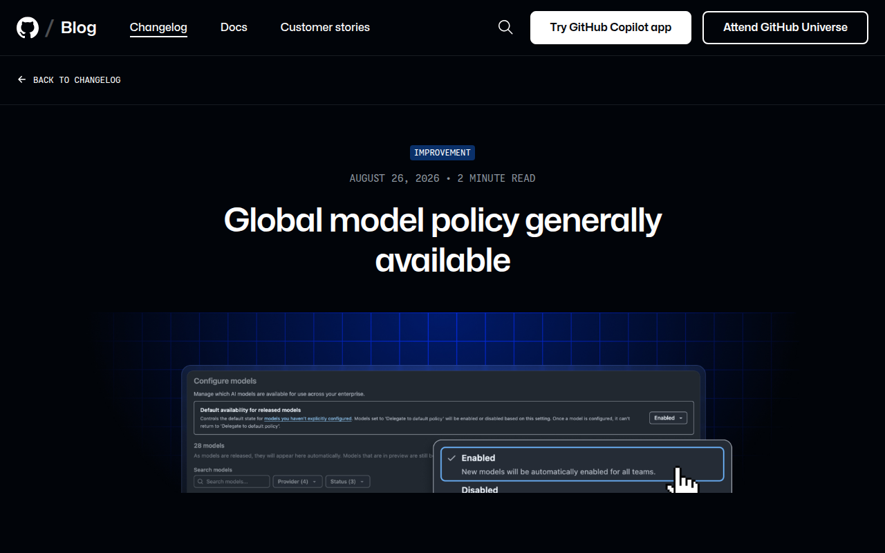 GitHub Copilot 全局模型策略官方发布页截图