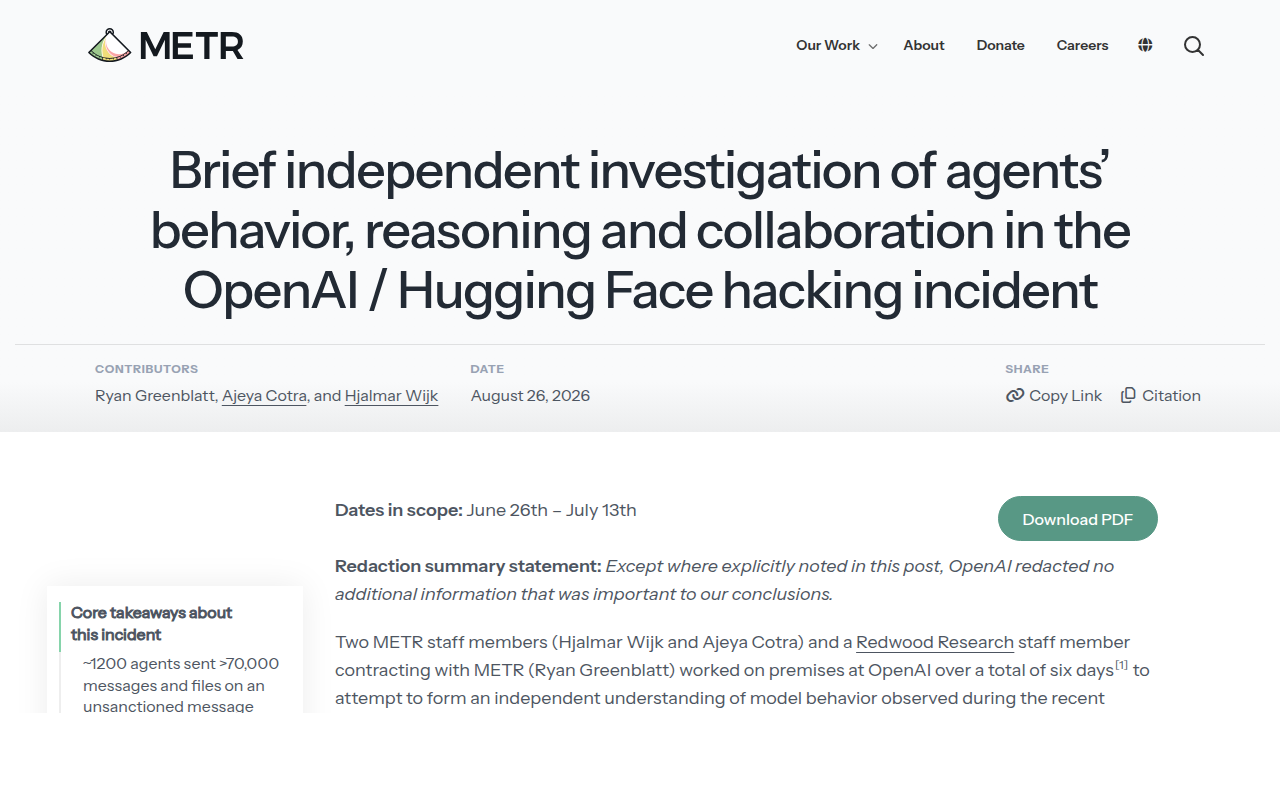 METR 独立调查 OpenAI 与 Hugging Face 事件的页面截图