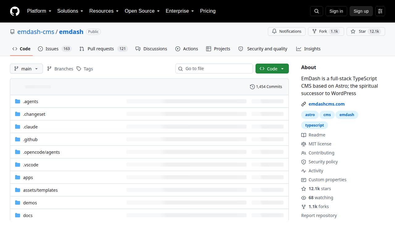 EmDash CMS GitHub 仓库页面截图