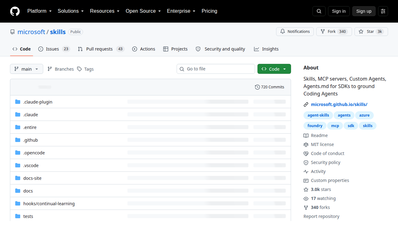 Microsoft skills GitHub 仓库页面截图