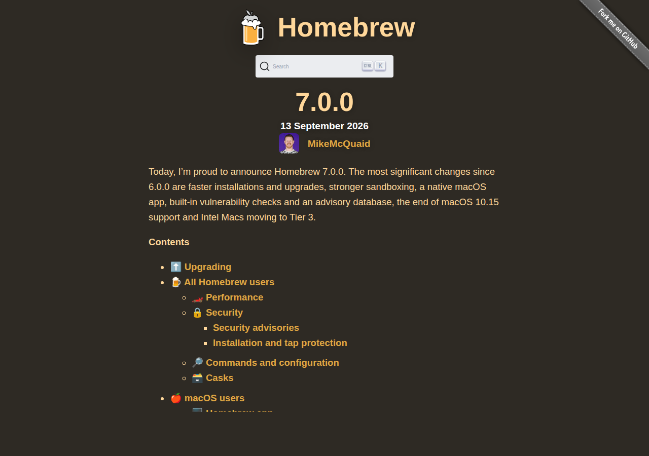 Homebrew 7.0.0 官方发布公告页面截图