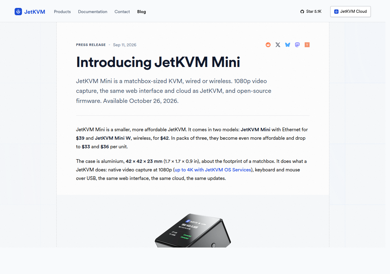 JetKVM Mini 官方发布公告页面截图